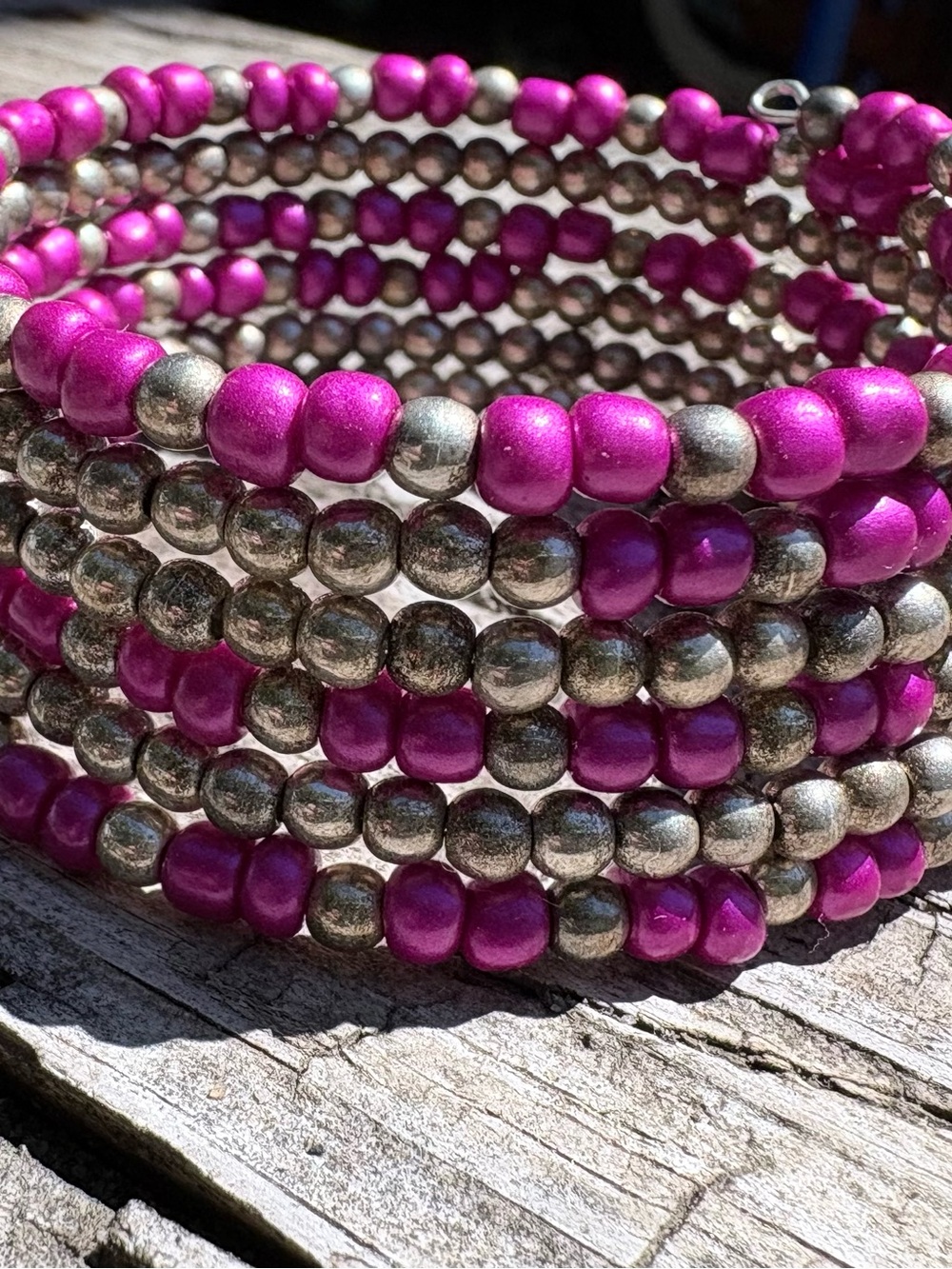 Magenta and Metallic Bead Coil Bracelet - Women Jewelry